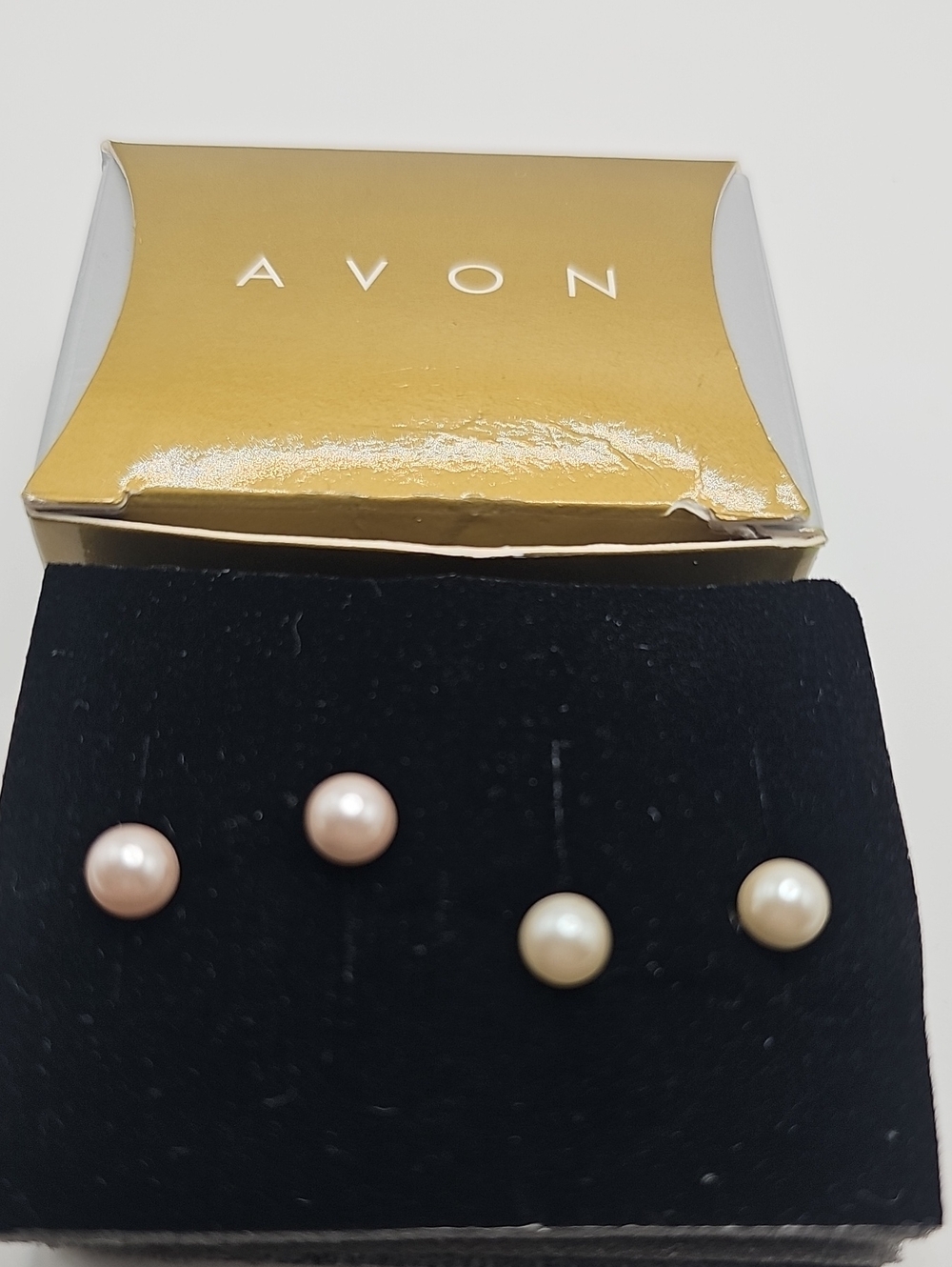 Avon Pink and Cream Pearl Stud Earring Duo. New In Box Dead Stock